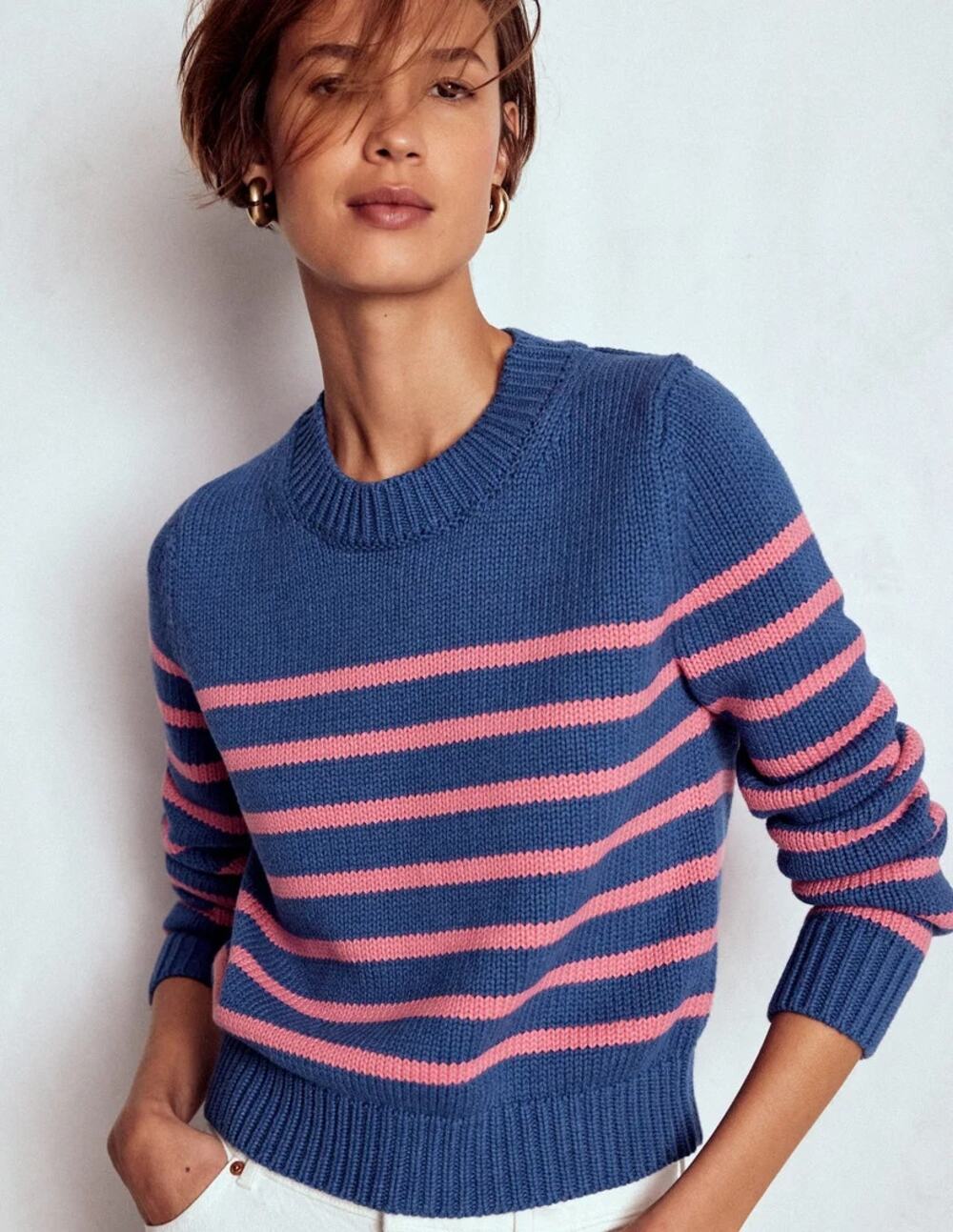 Boden Lucy Chunky Cotton Long Sleeve Knit Pullover Sweater Blue Pink Women's L